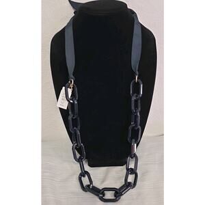 J. Crew Signed Chunky Blue-Black Acrylic Chain Link Necklace Ribbon Tie Back NWT
